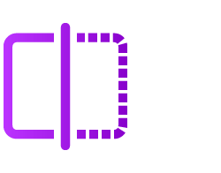 Plum colored line graphic of square that has solid line on left side and dotted line on right side.