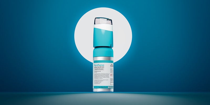 Varithena bottle with white circle behind on teal background