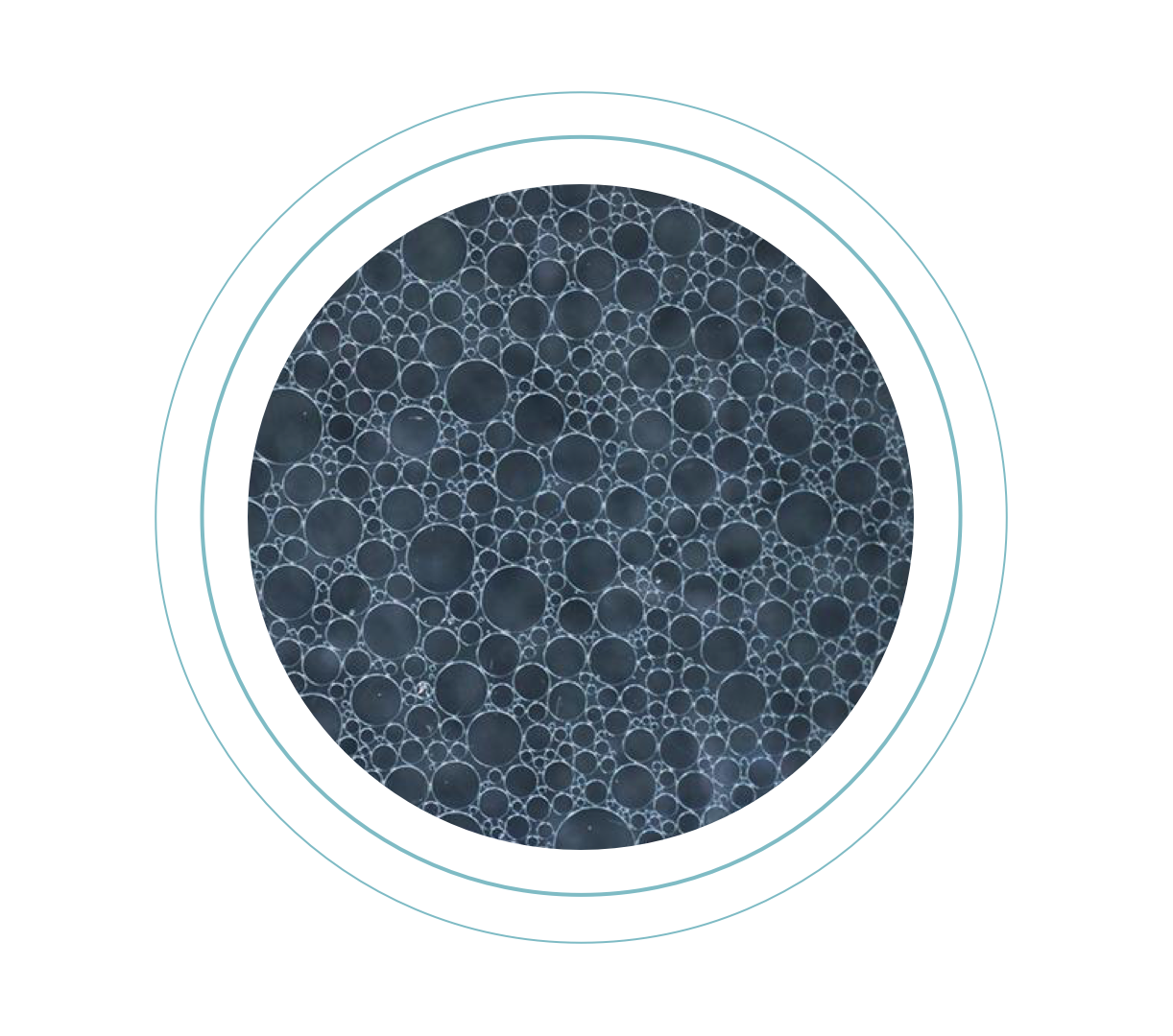 circle filled with black background and various small sized bubbles.