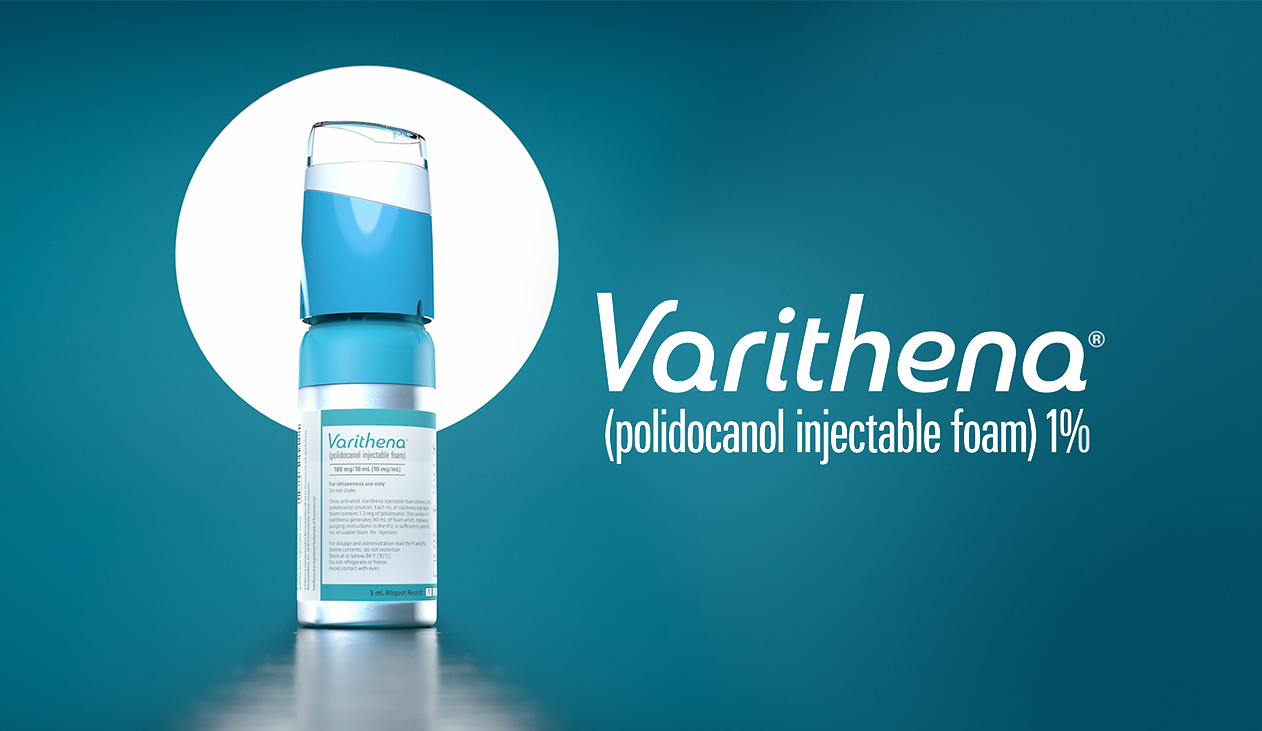 Varithena bottle with white circle behind on teal background