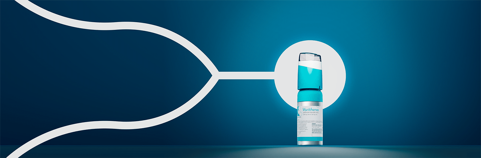 Varithena canister with white circle and Y lines on blue background