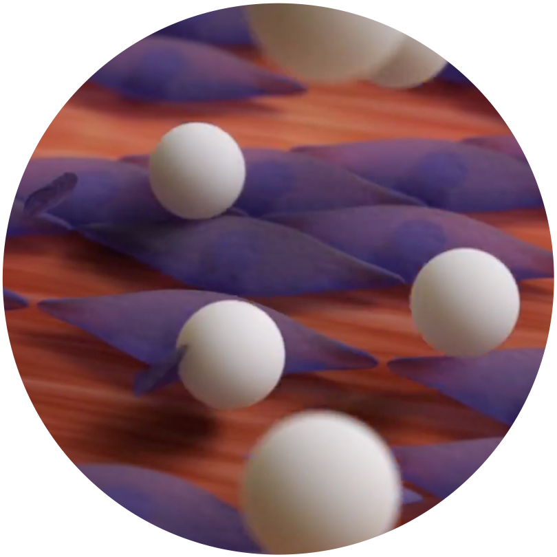 Abstract image of purples ribons and white balls indicating blood flow.